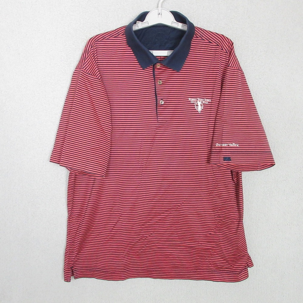 Cutter & Buck Mens XL Red Navy Striped Robert Trent Jones Golf Trail Polo Shirt